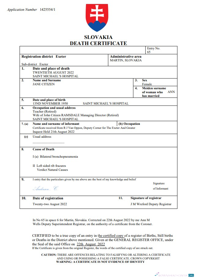 Download Slovakia death certificate Word and PDF template Photoshop template